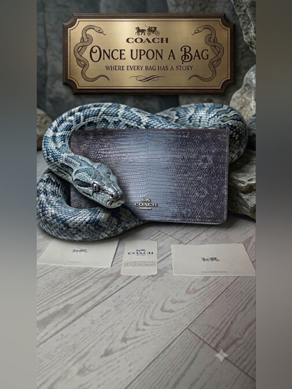Coach Blue Gray Lizard-Textured Leather Wallet